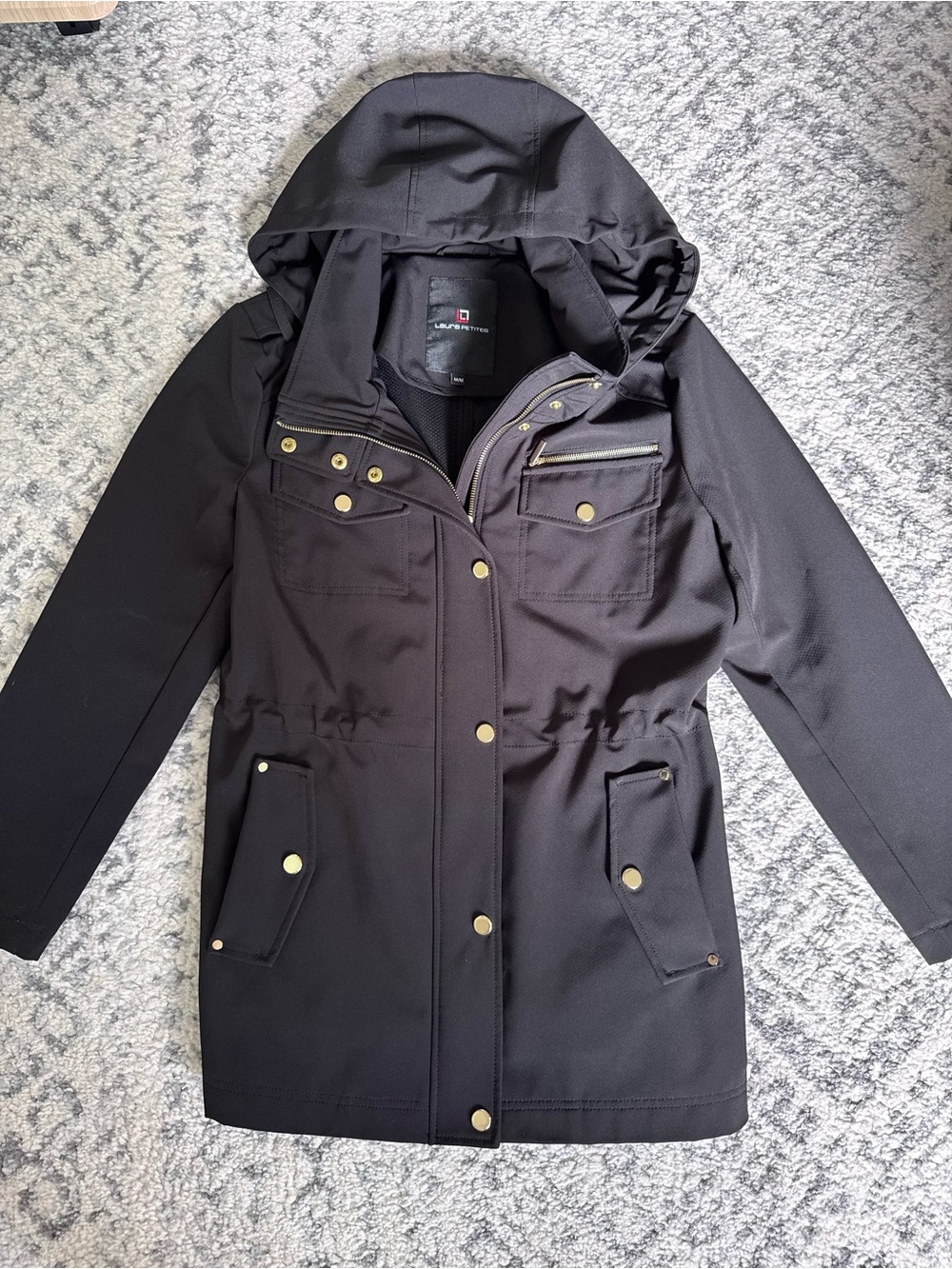 Black Hooded Rain Jacket with Gold Hardware